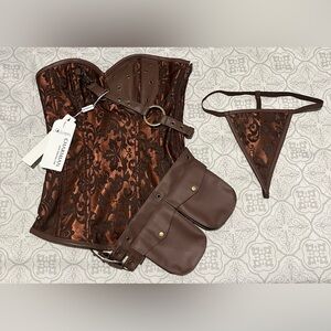 NWT Charmian Boned Corset Set Bustier Goth Brocade Brown Faux Leather w/Thong XS